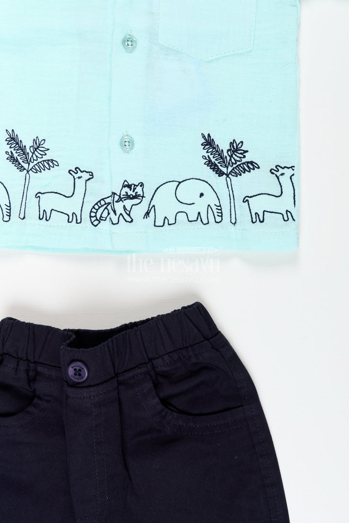Toddler boys mint muslin cotton embroidered shirt and navy pants set