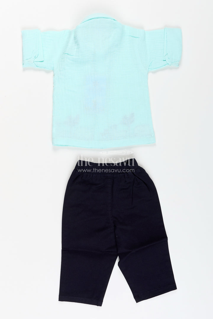 Toddler boys mint muslin cotton embroidered shirt and navy pants set