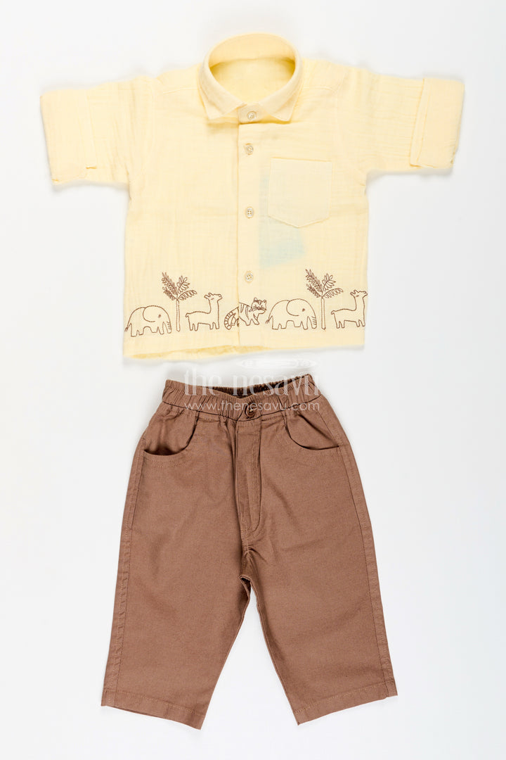 Toddler boys yellow muslin cotton embroidered shirt and brown pants set