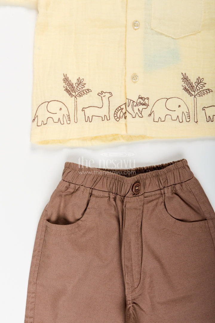Toddler boys yellow muslin cotton embroidered shirt and brown pants set