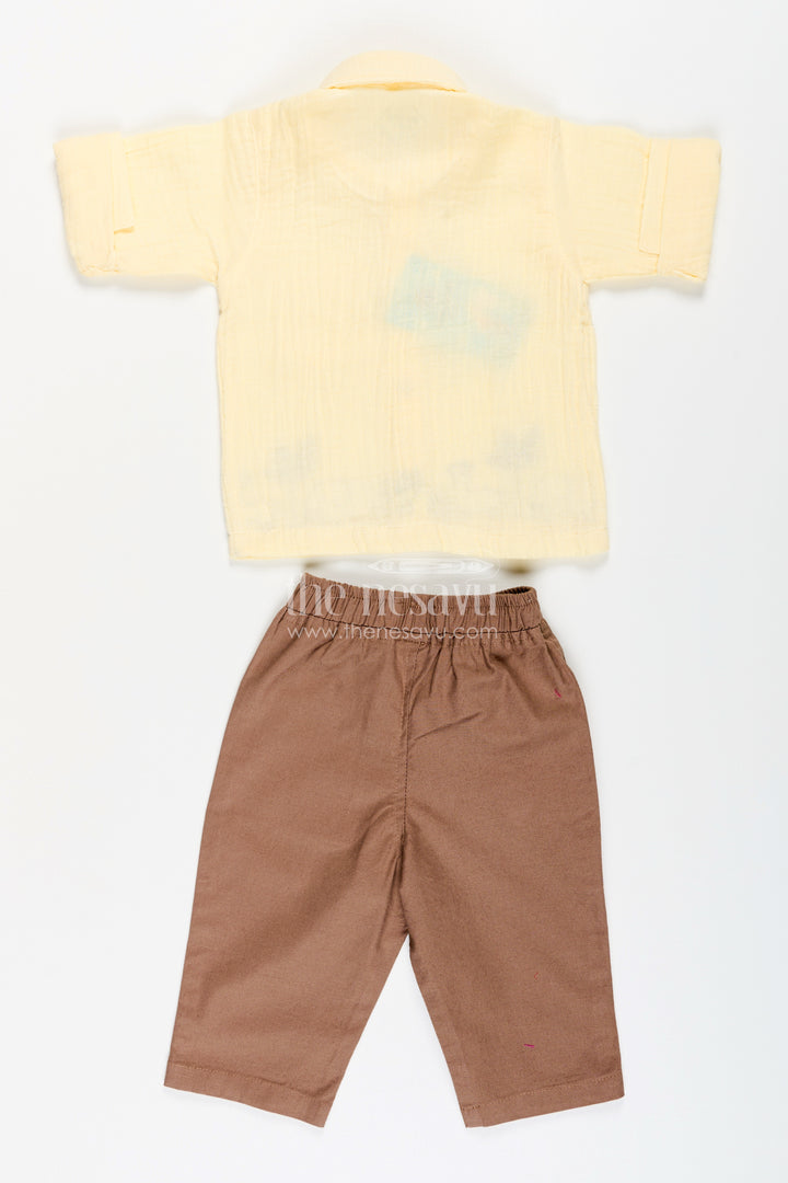 Toddler boys yellow muslin cotton embroidered shirt and brown pants set