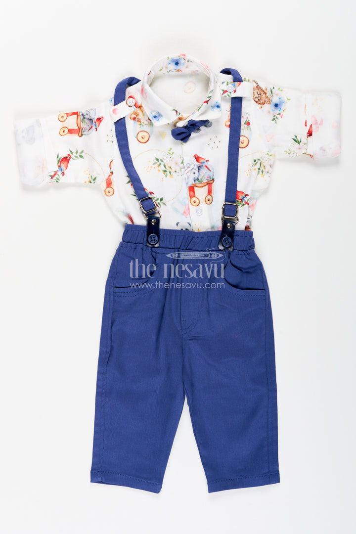 Toddler boys suspenders shirt set with printed muslin cotton