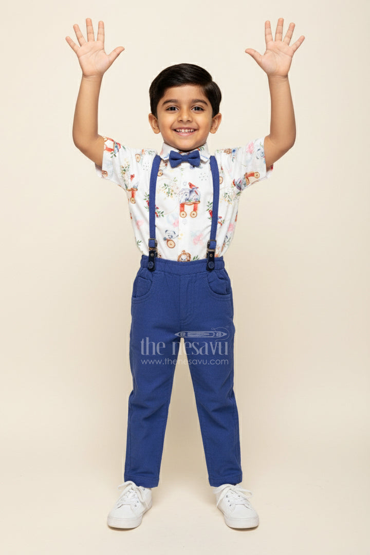 Toddler Boys Suspenders Shirt Set with Printed Muslin Cotton