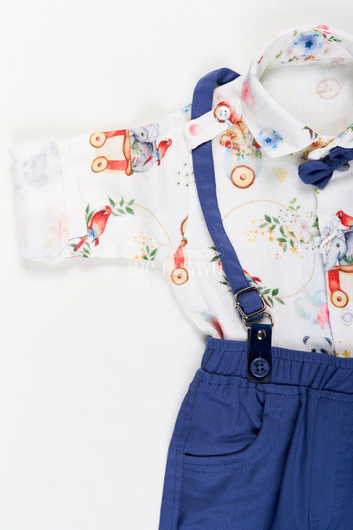 Toddler boys suspenders shirt set with printed muslin cotton