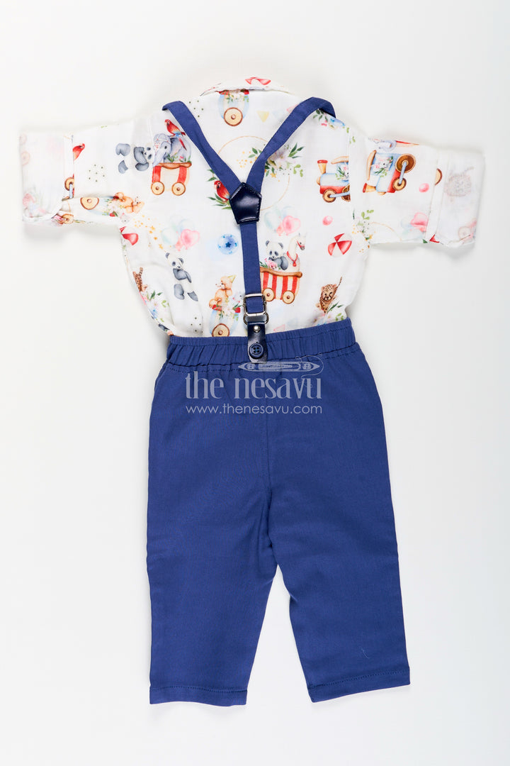 Toddler boys suspenders shirt set with printed muslin cotton