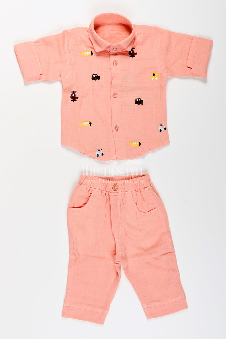 Toddler boys peach muslin cotton shirt and pants set with embroidery