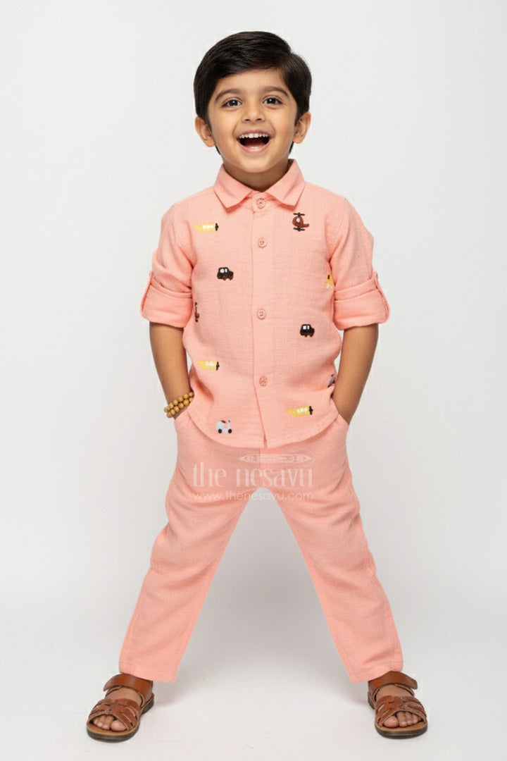 Toddler Boys Peach Muslin Cotton Shirt and Pants Set with Embroidery