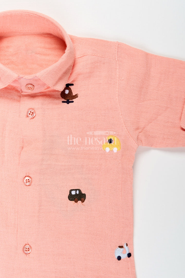 Toddler boys peach muslin cotton shirt and pants set with embroidery