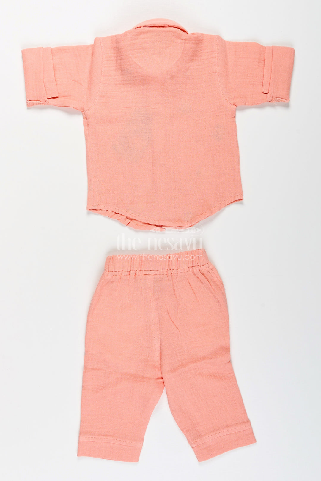 Toddler boys peach muslin cotton shirt and pants set with embroidery