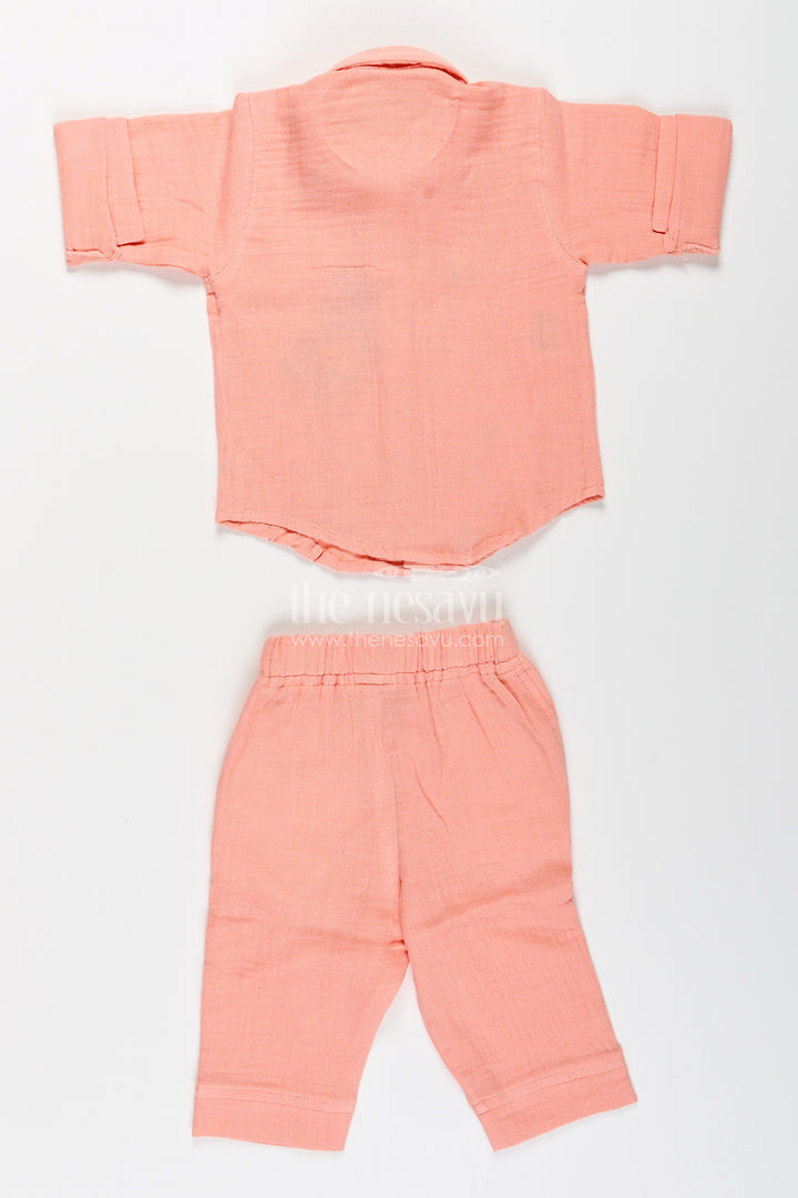 Toddler boys peach muslin cotton shirt and pants set with embroidery