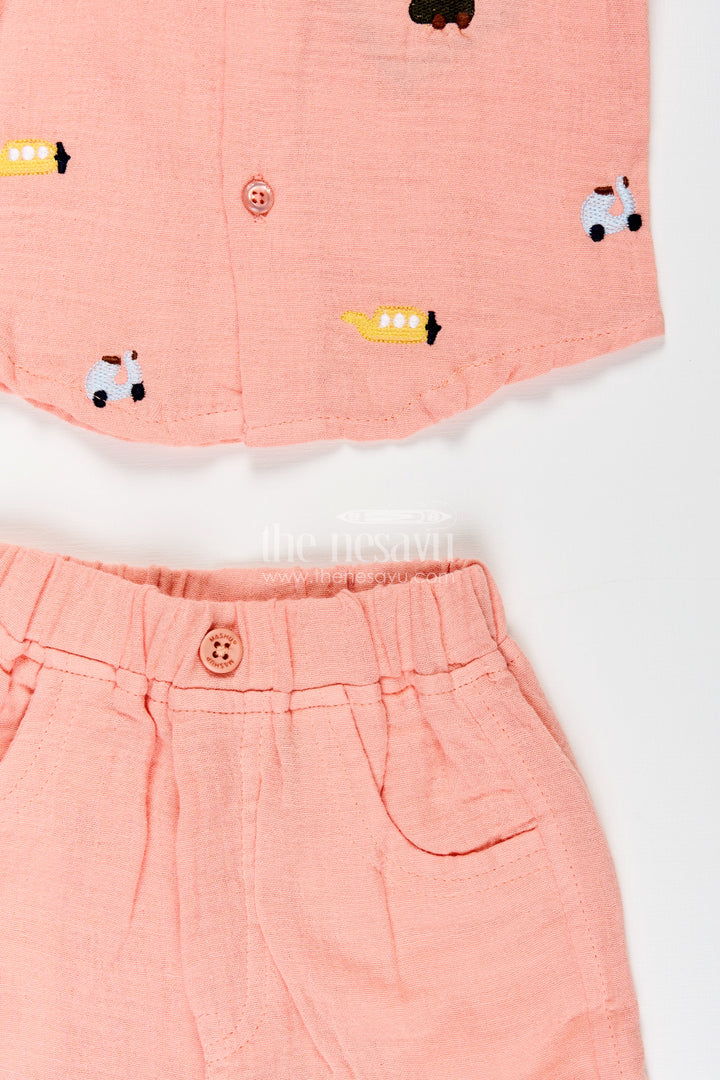 Toddler boys peach muslin cotton shirt and pants set with embroidery