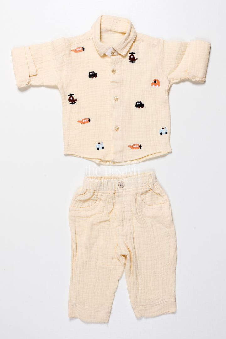 Muslin cotton casual outfit for toddler boys with embroidery details