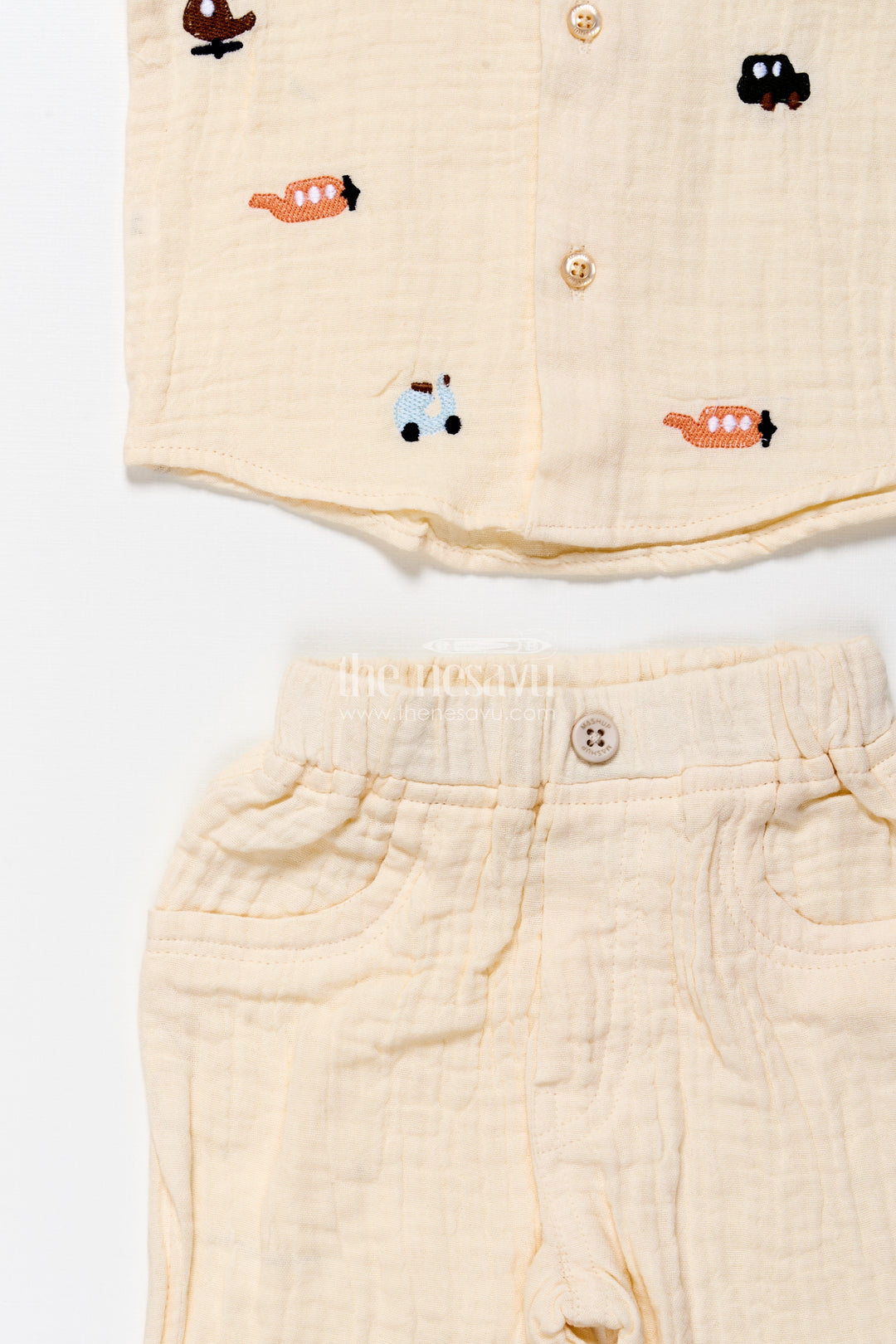Muslin cotton casual outfit for toddler boys with embroidery details