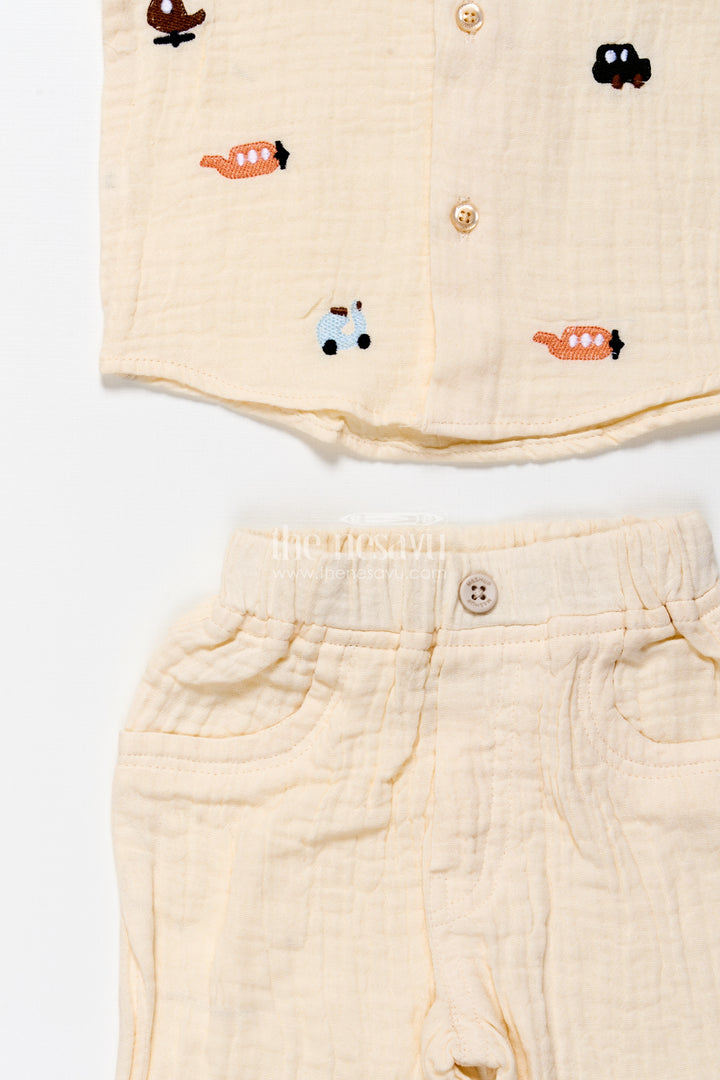 Muslin cotton casual outfit for toddler boys with embroidery details