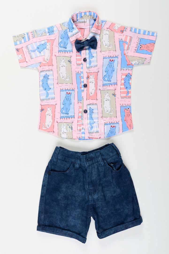 Boys pink cat print shirt and denim shorts set