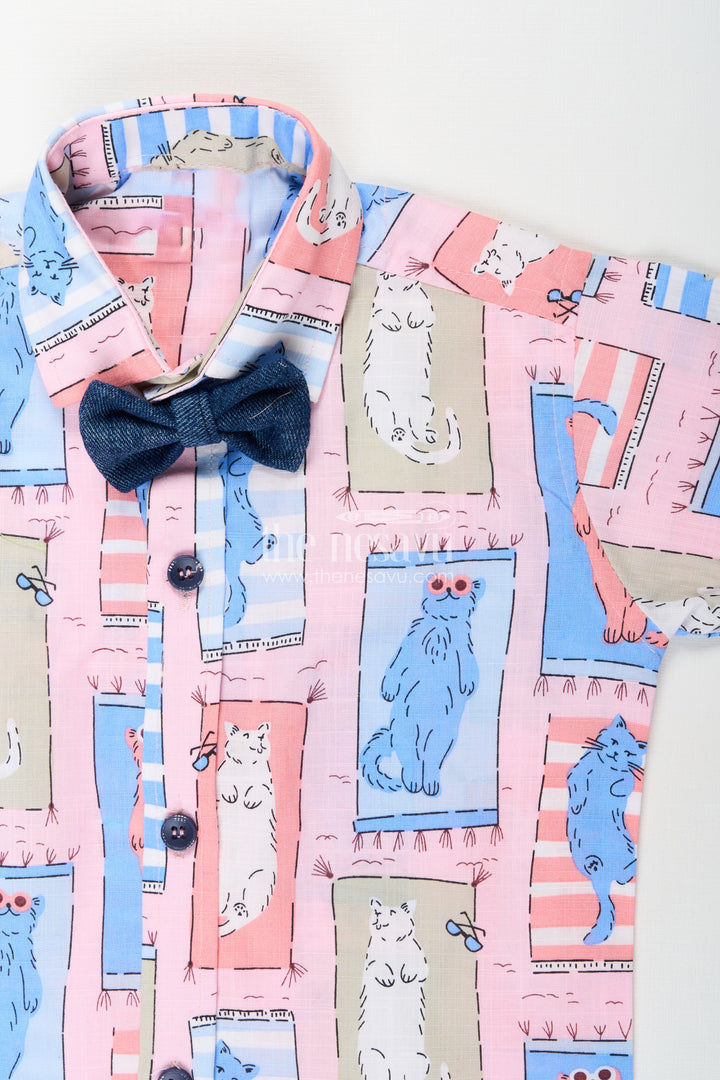 Boys pink cat print shirt and denim shorts set