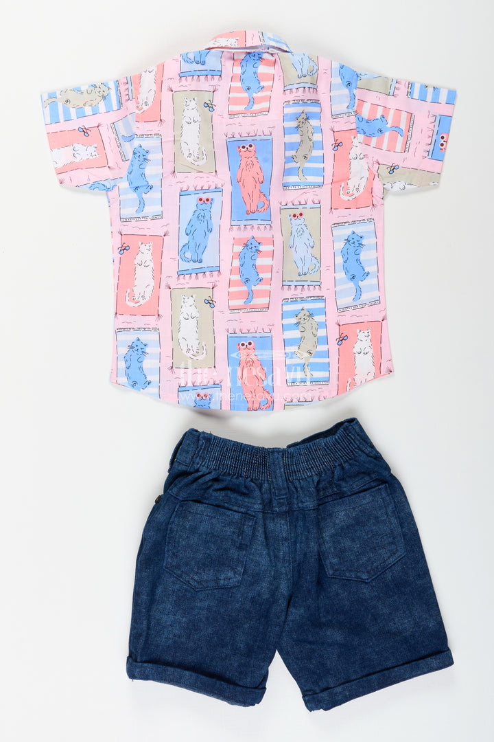 Boys pink cat print shirt and denim shorts set