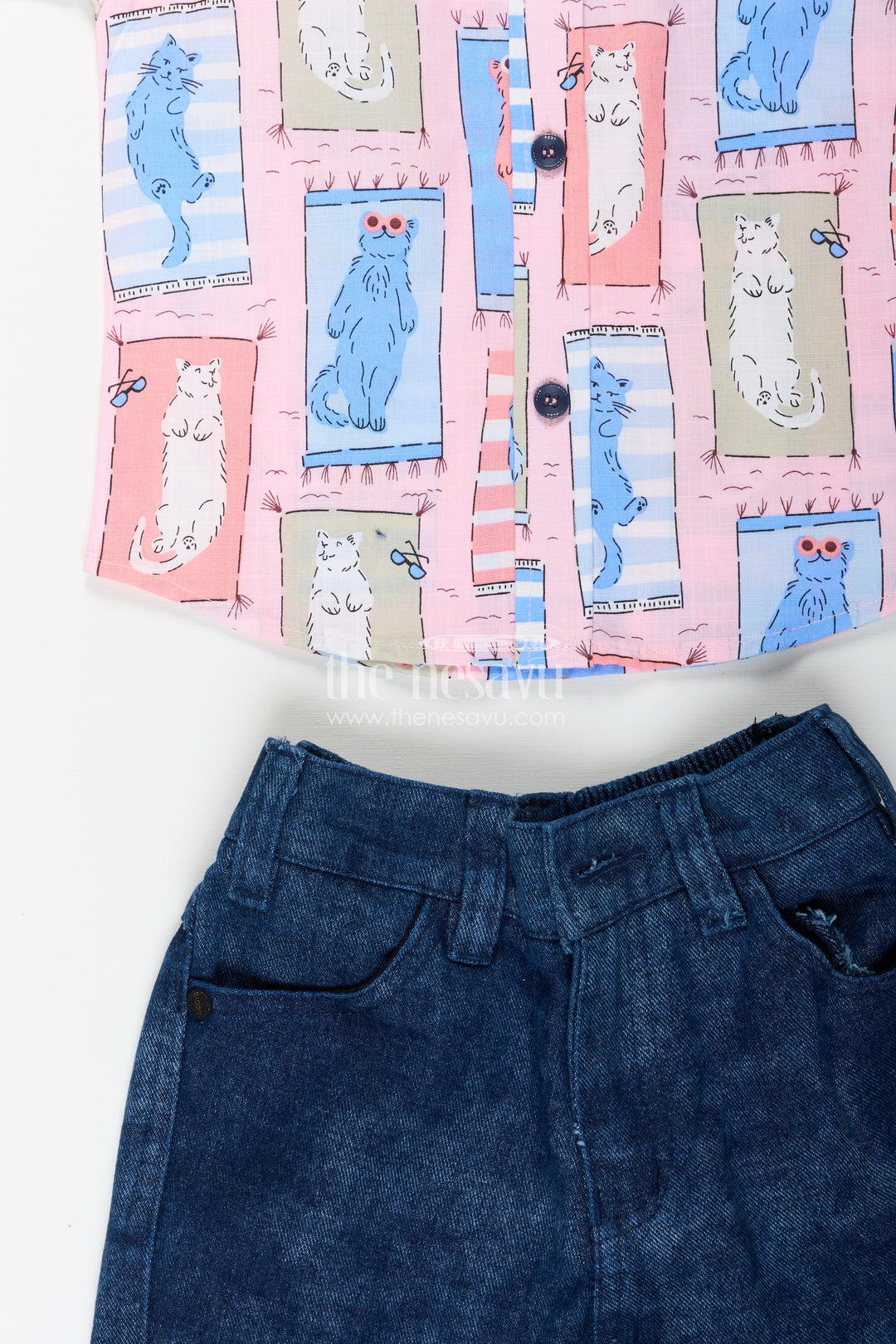 Boys pink cat print shirt and denim shorts set