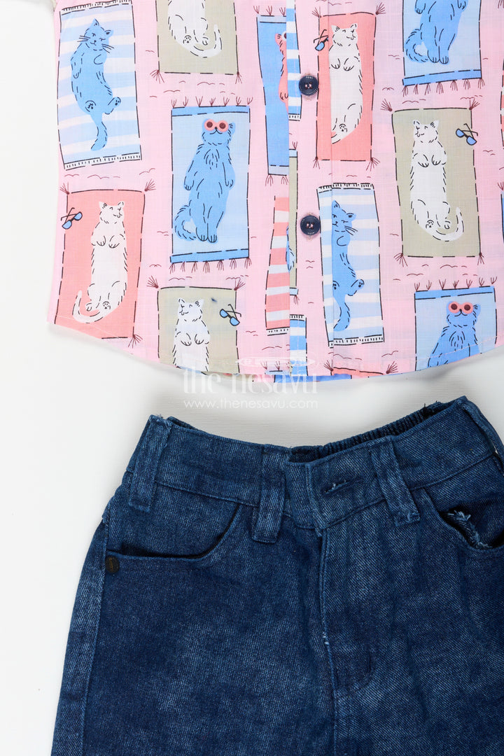 Boys pink cat print shirt and denim shorts set