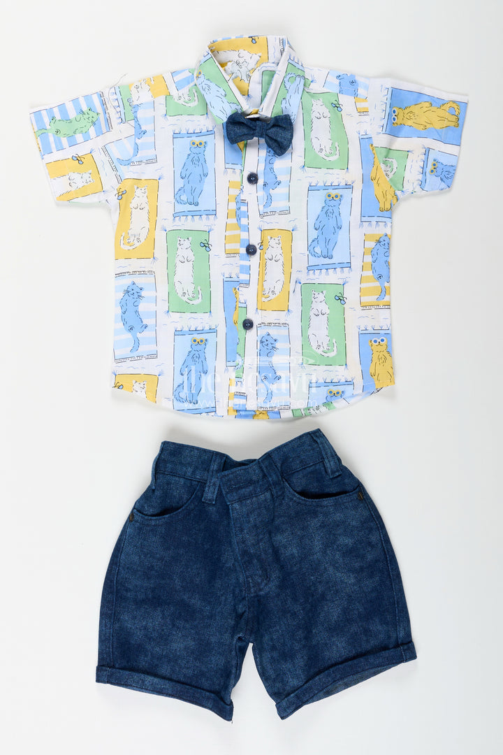 Boys pastel cat print shirt and denim shorts set