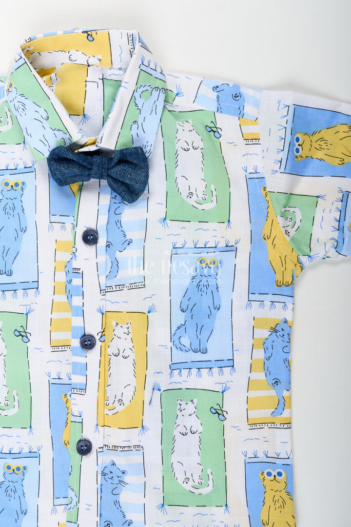 Boys pastel cat print shirt and denim shorts set