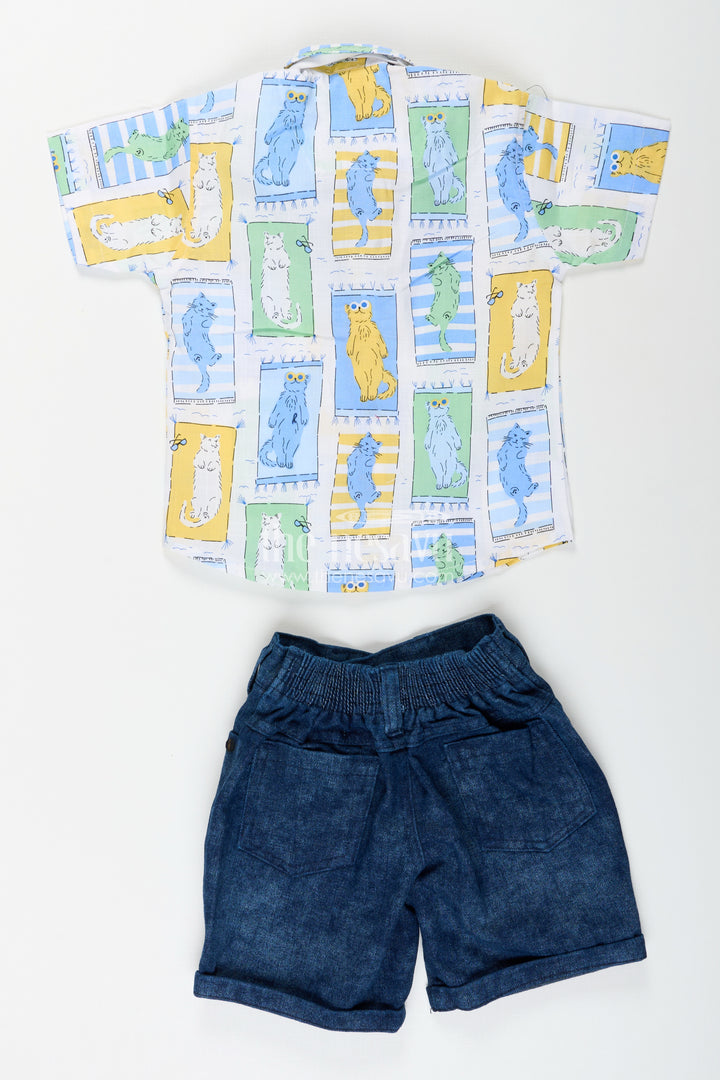Boys pastel cat print shirt and denim shorts set