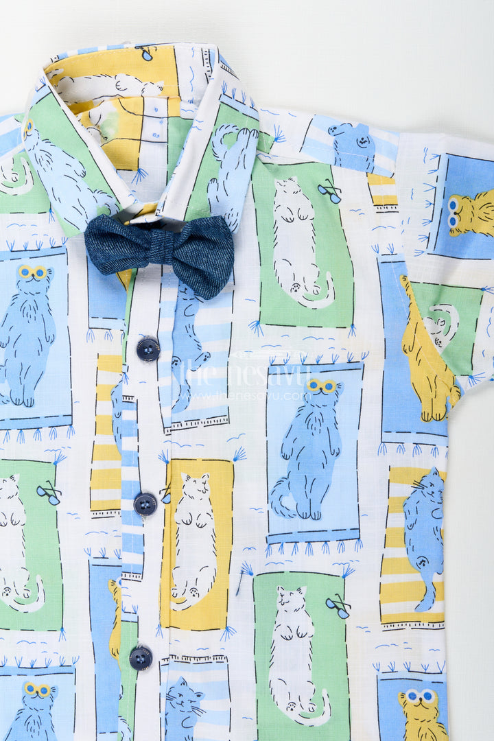 Boys pastel cat print shirt and denim shorts set