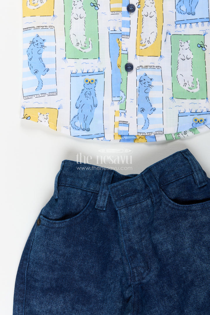 Boys pastel cat print shirt and denim shorts set
