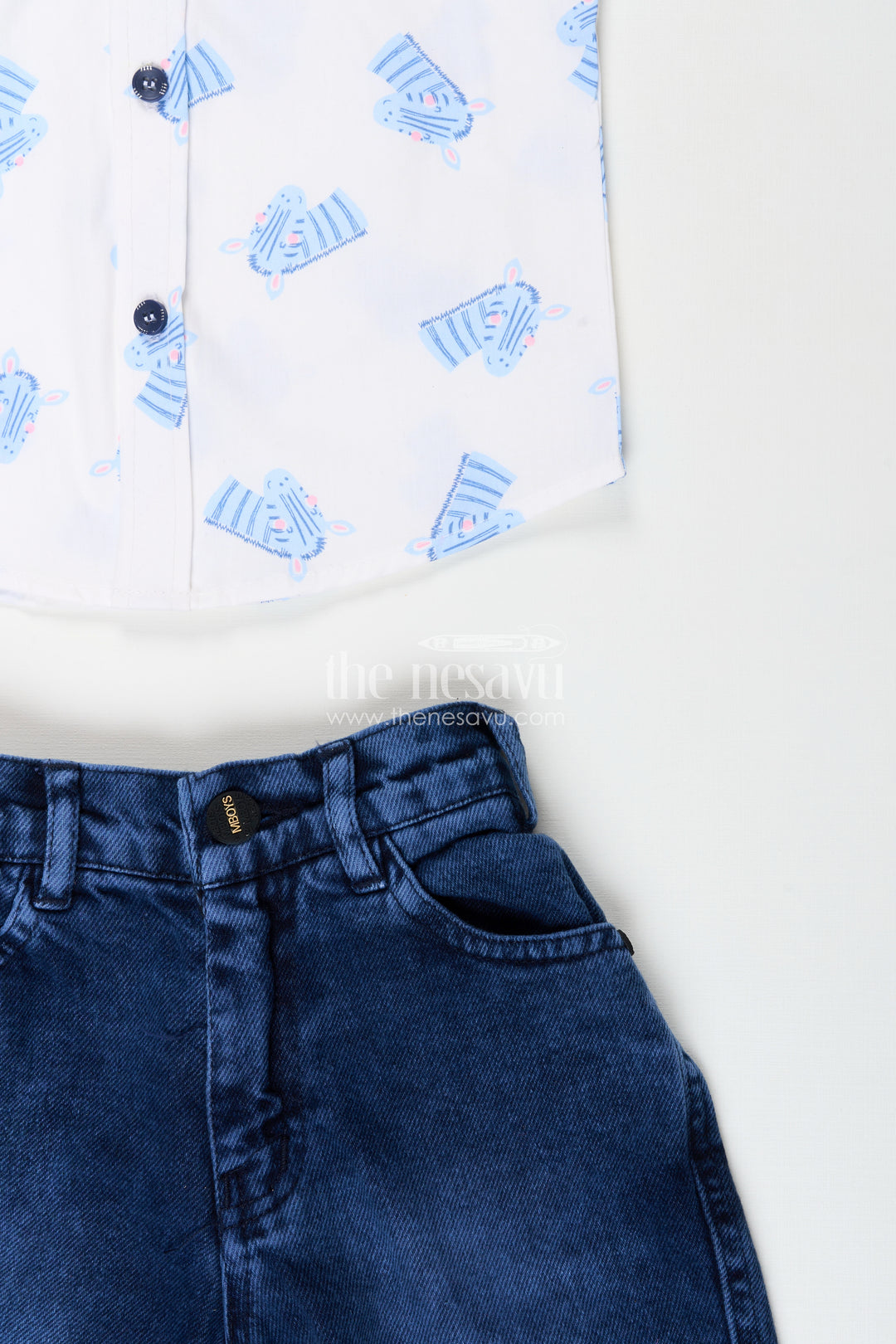 Boys zebra print shirt and denim shorts set for animal-themed outings