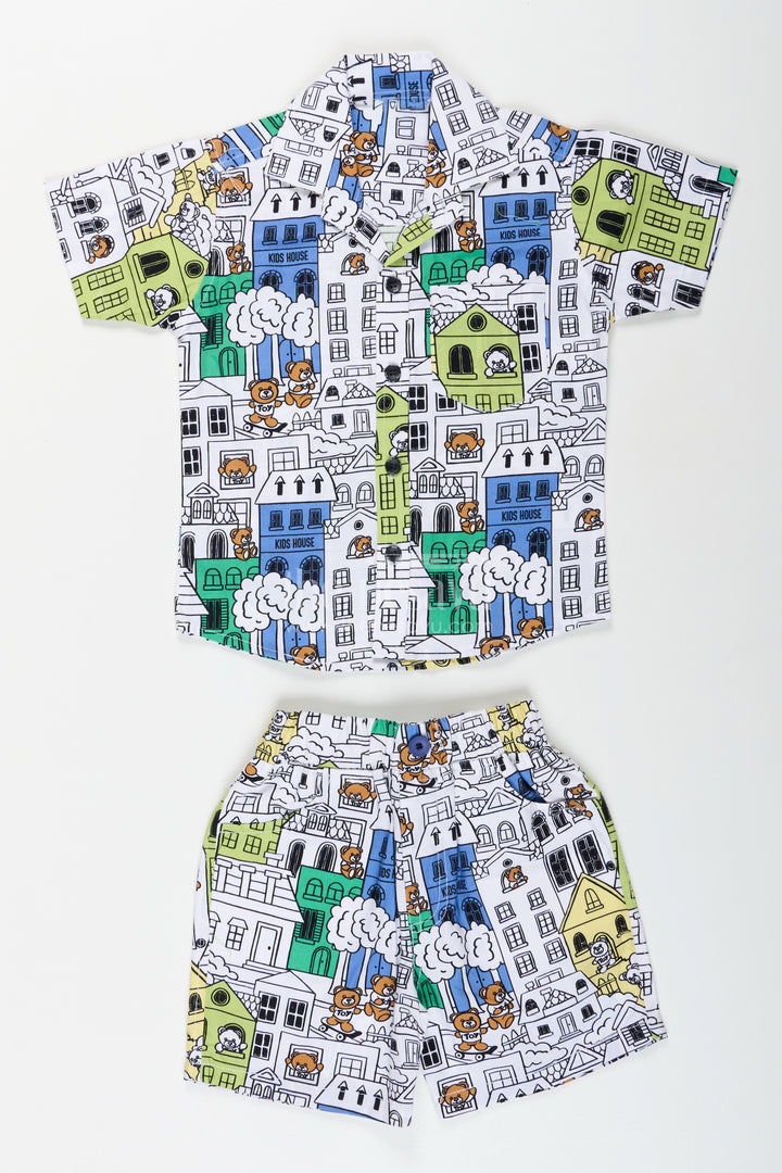 Boys cityscape printed cotton co-ord set in green and blue tones