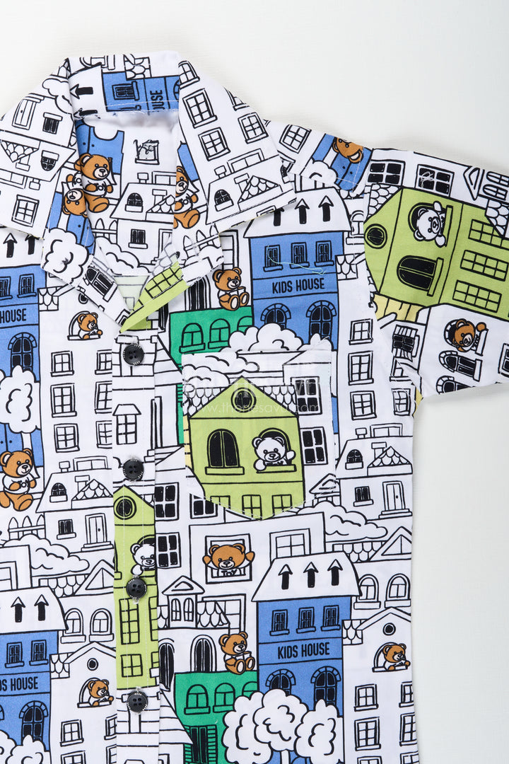 Boys cityscape printed cotton co-ord set in green and blue tones
