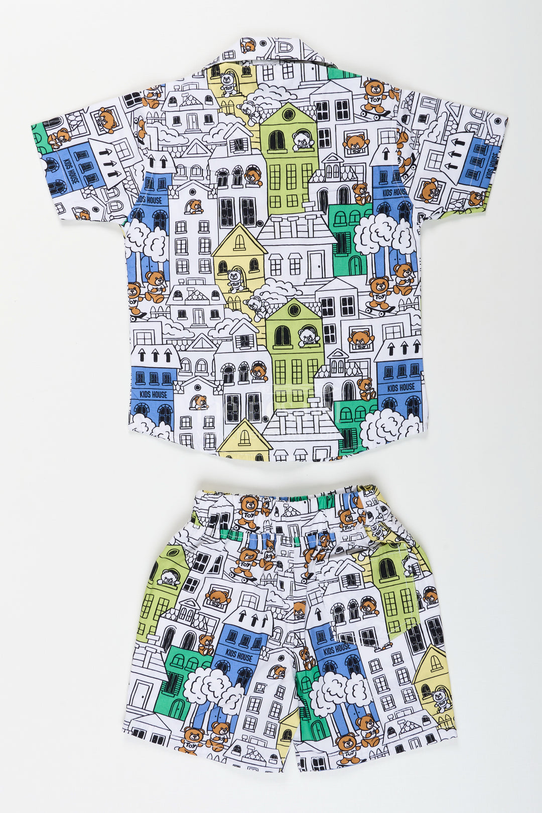 Boys cityscape printed cotton co-ord set in green and blue tones