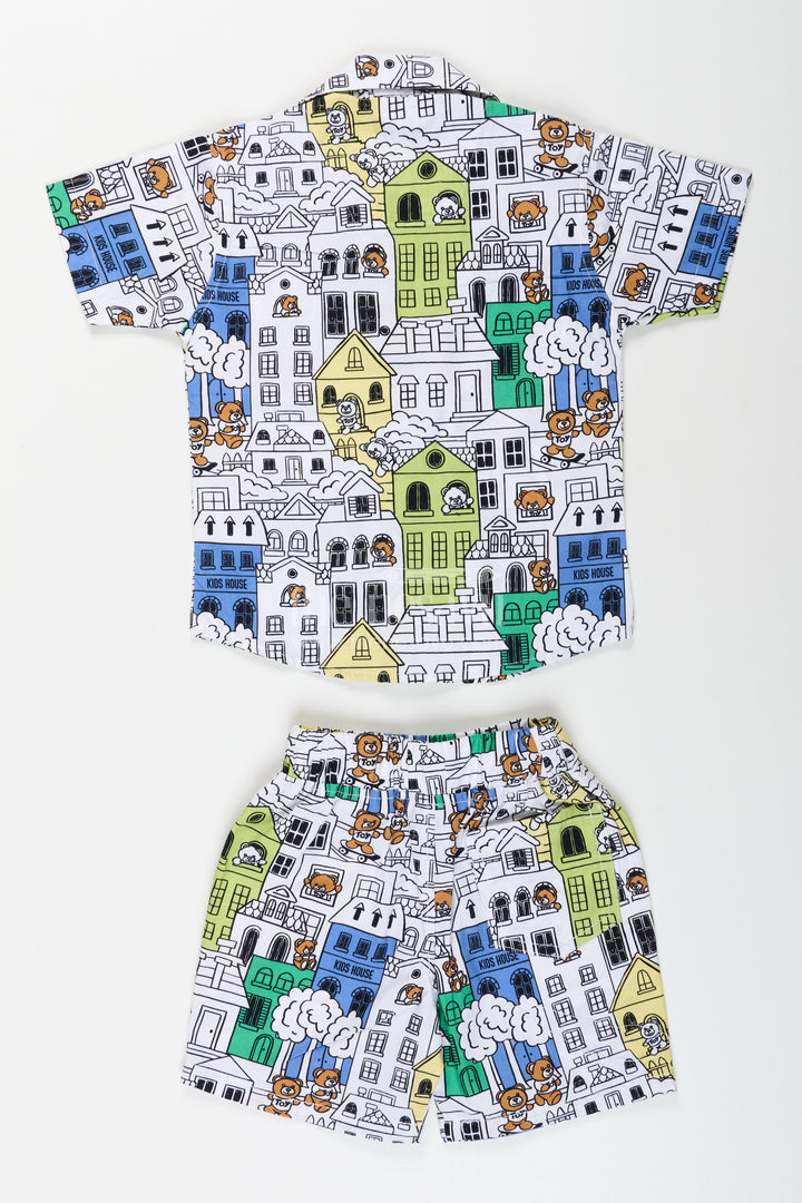 Boys cityscape printed cotton co-ord set in green and blue tones