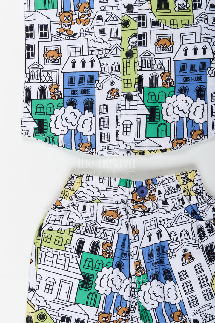 Boys cityscape printed cotton co-ord set in green and blue tones