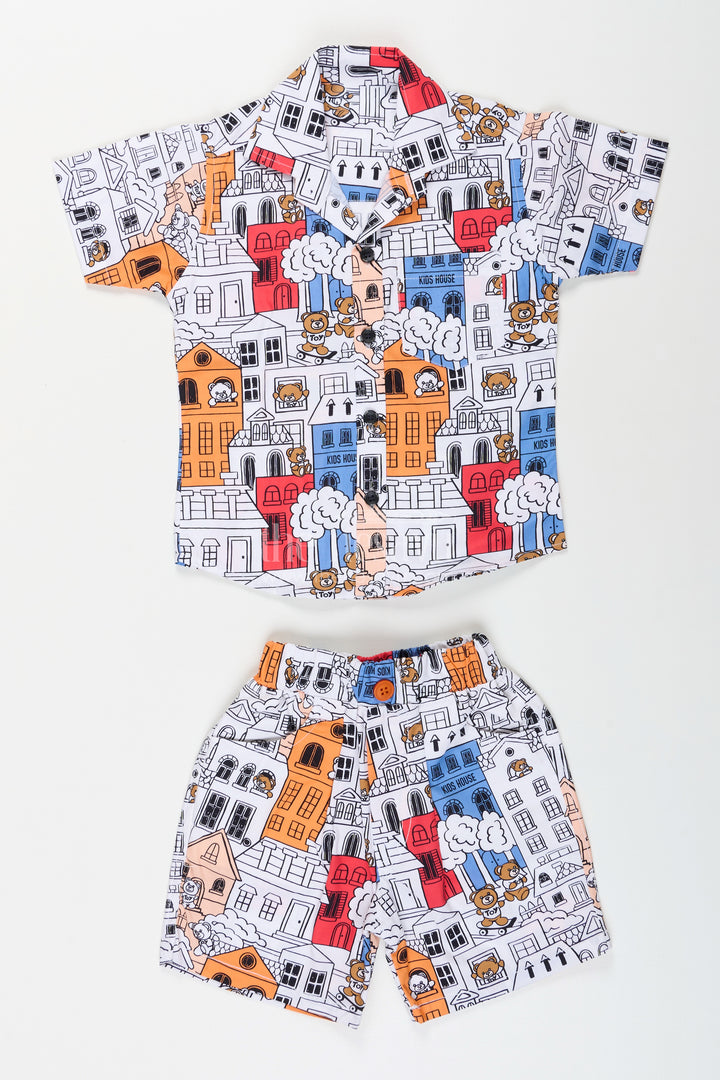 Boys cartoon city printed shirt and shorts set for everyday wear