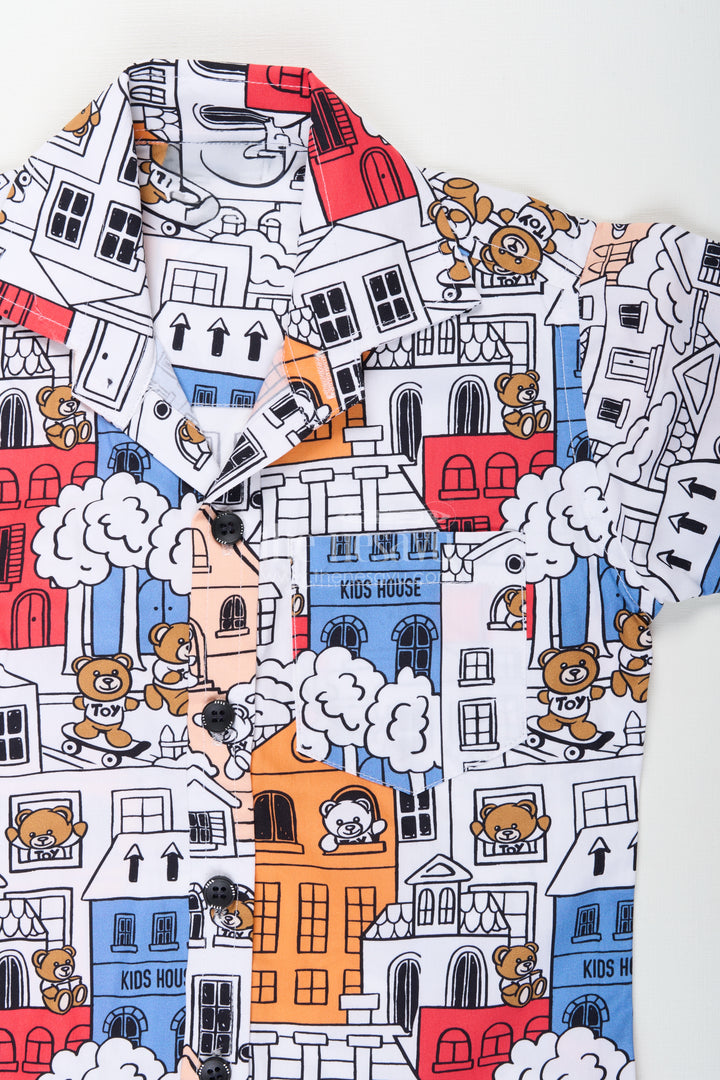 Boys cartoon city printed shirt and shorts set for everyday wear