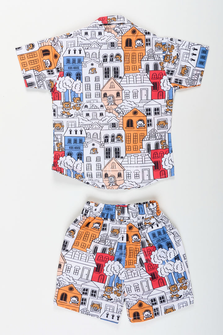 Boys cartoon city printed shirt and shorts set for everyday wear