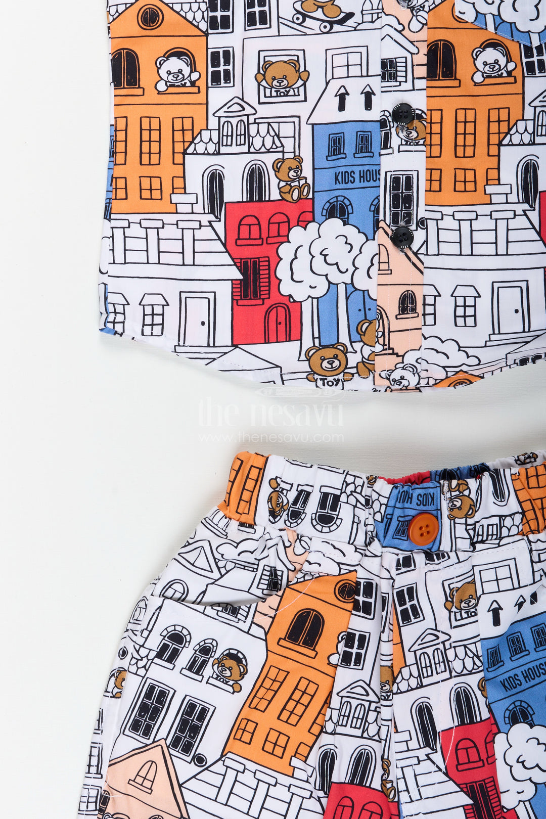 Boys cartoon city printed shirt and shorts set for everyday wear