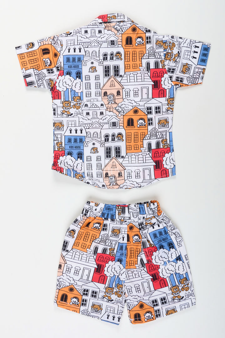 Boys cartoon city printed shirt and shorts set for everyday wear