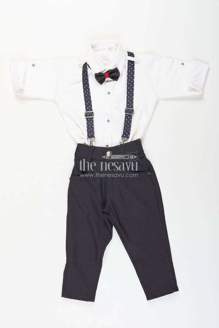 Boys white party outfit with suspenders and cap set