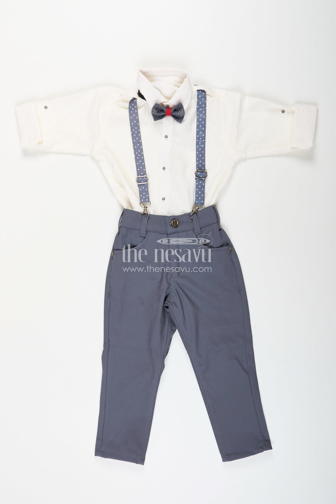 Boys white party outfit with suspenders and cap set