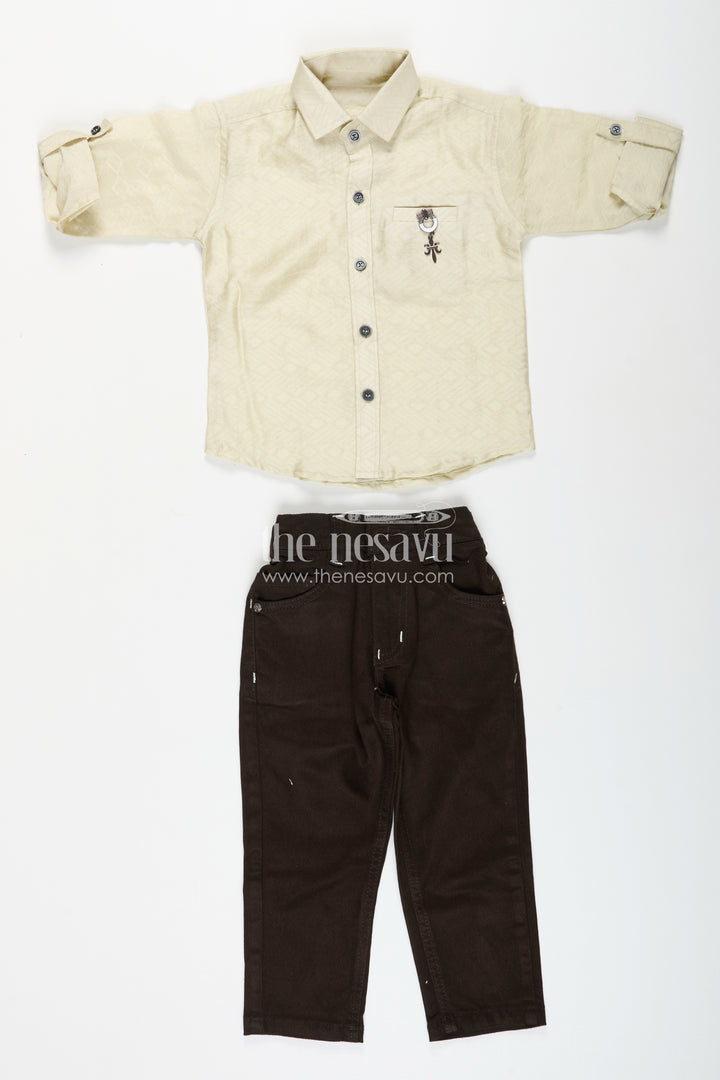Boys beige and black cotton casual shirt and pants set