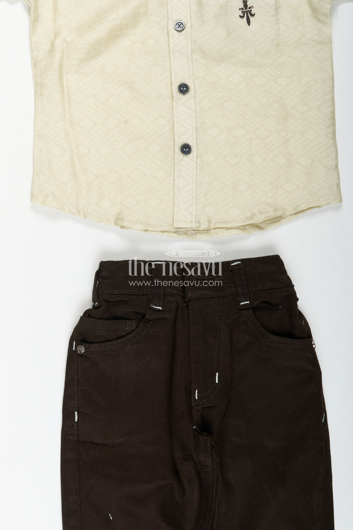 Boys beige and black cotton casual shirt and pants set