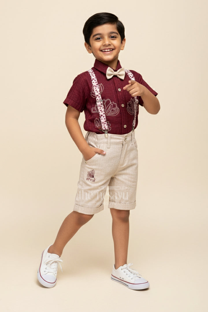 Boys Embroidered Festive Outfit with Suspenders and Bow Tie