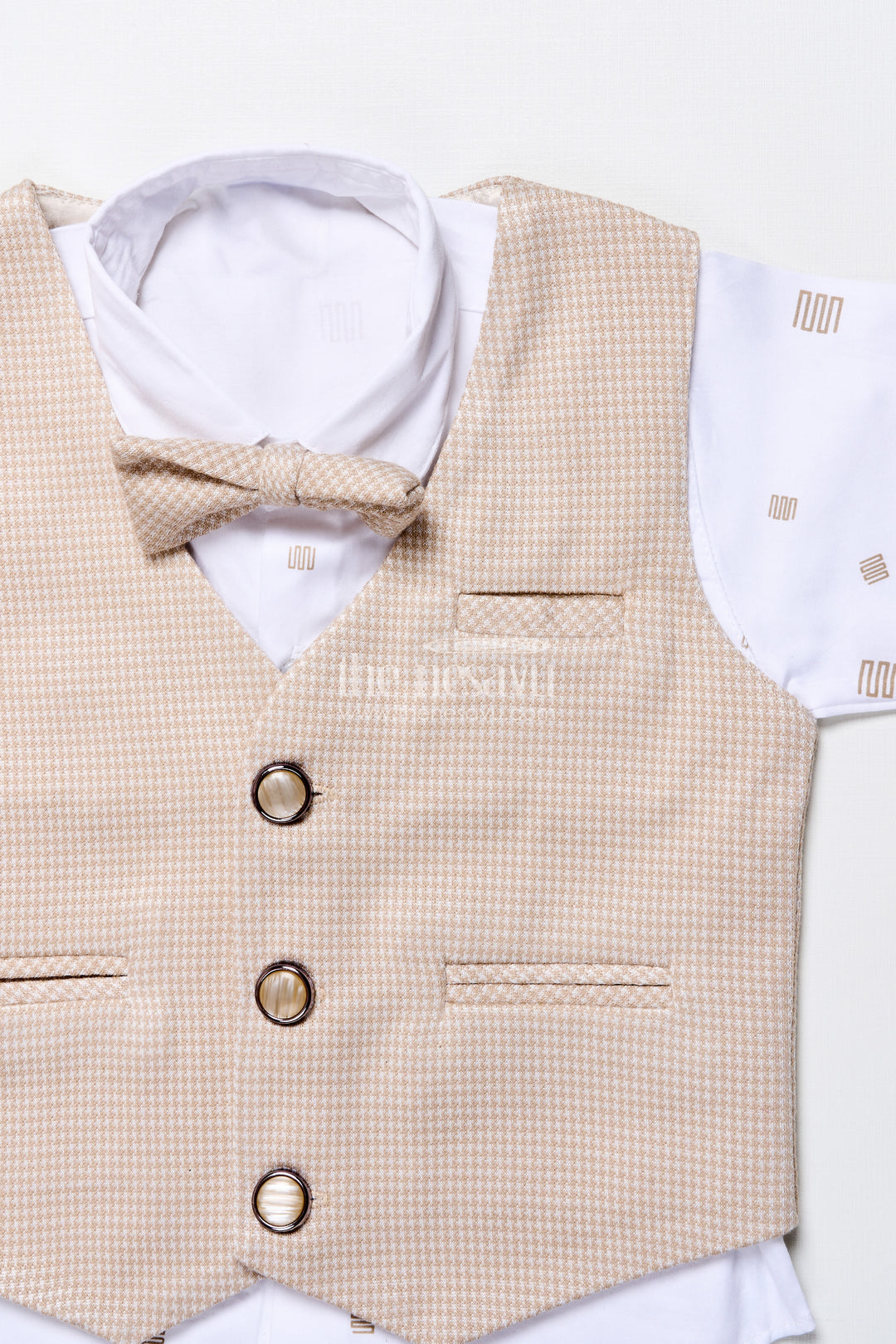 Toddler boys smart cotton outfit set with waistcoat and bow tie