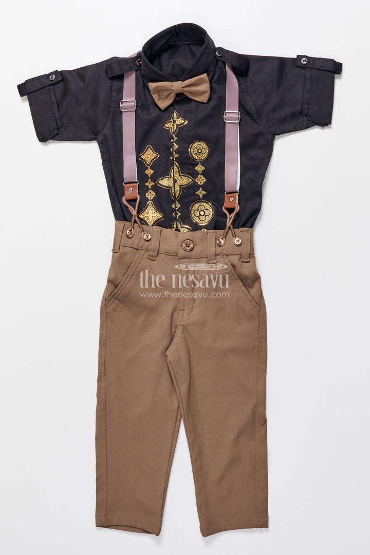 Toddler boys festive cotton outfit with printed shirt and suspenders