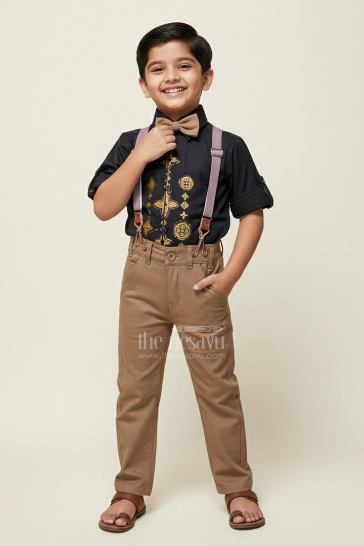 Toddler Boys Festive Cotton Outfit with Printed Shirt and Suspenders