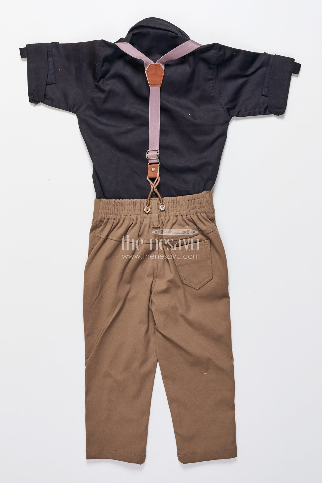 Toddler boys festive cotton outfit with printed shirt and suspenders