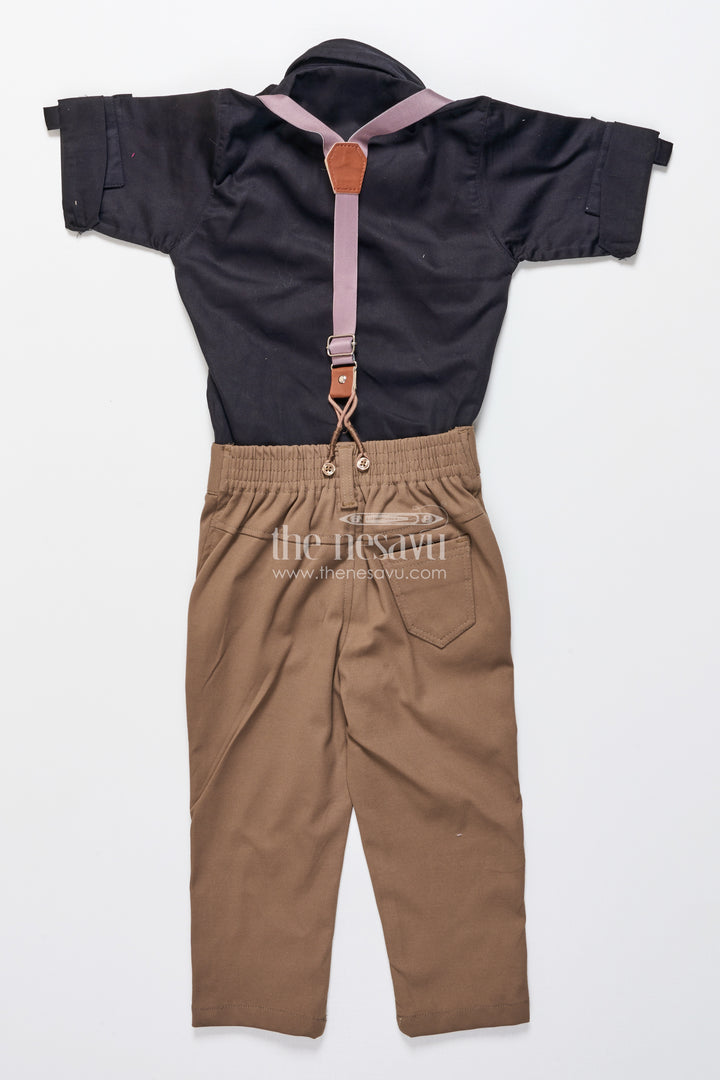 Toddler boys festive cotton outfit with printed shirt and suspenders