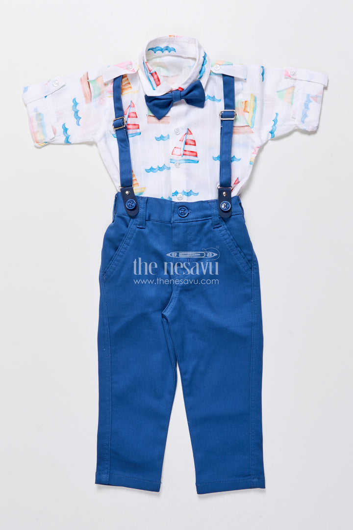 Boys printed cotton shirt and pant set with suspenders for casual events